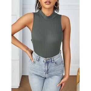 Stand Collar Mock Neck Sleeveless Stretch Fitted Ribbed Knit Tank Top M 6